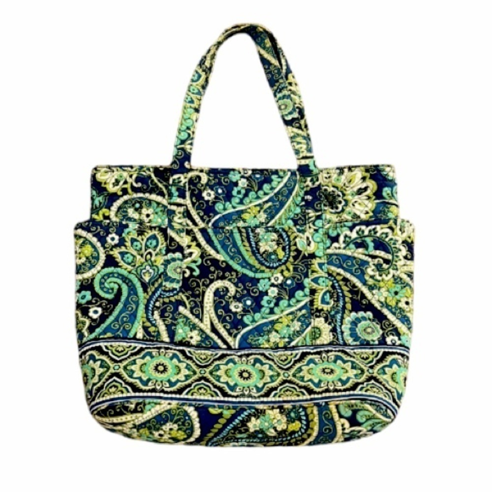 Vera Bradley Tote Bag Cloth Quilted Floral Blue and Green with zipper closure - Picture 2 of 15